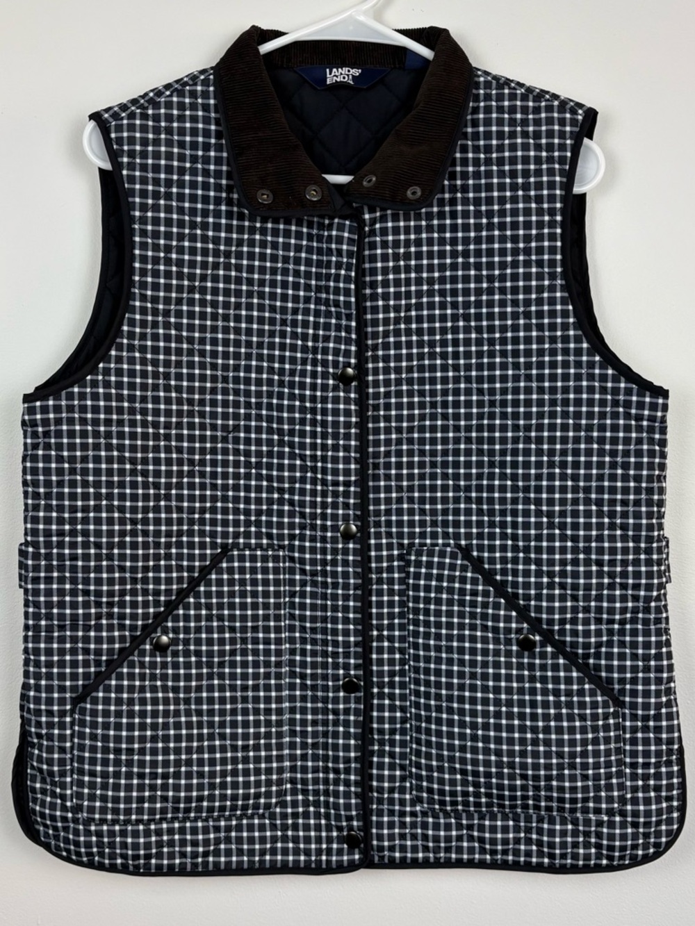 Lands' End Black & White Quilted Vest w/ Brown Corduroy Collar Woman’s MP